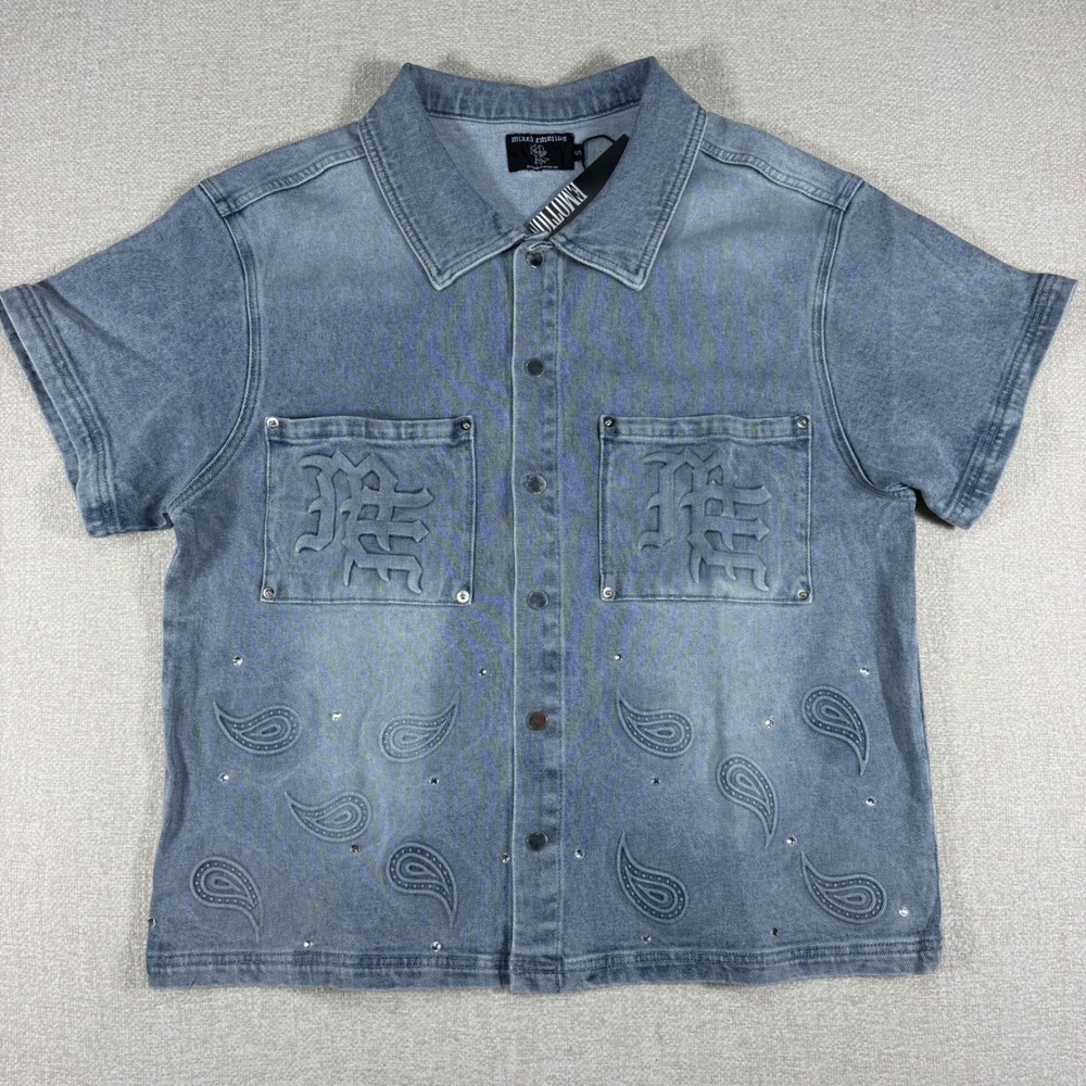 Mixed Emotion Mens‎ Blue Denim Short Sleeve Embossed Paisley Rhinestone Shirt S